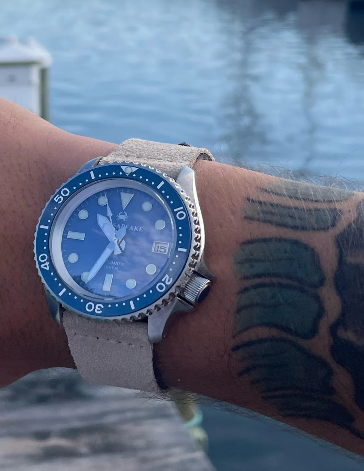 Xander wearing a Chesapeake watch
